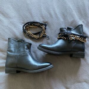 Black Ankle Leather Boots with Gold Chain Detail